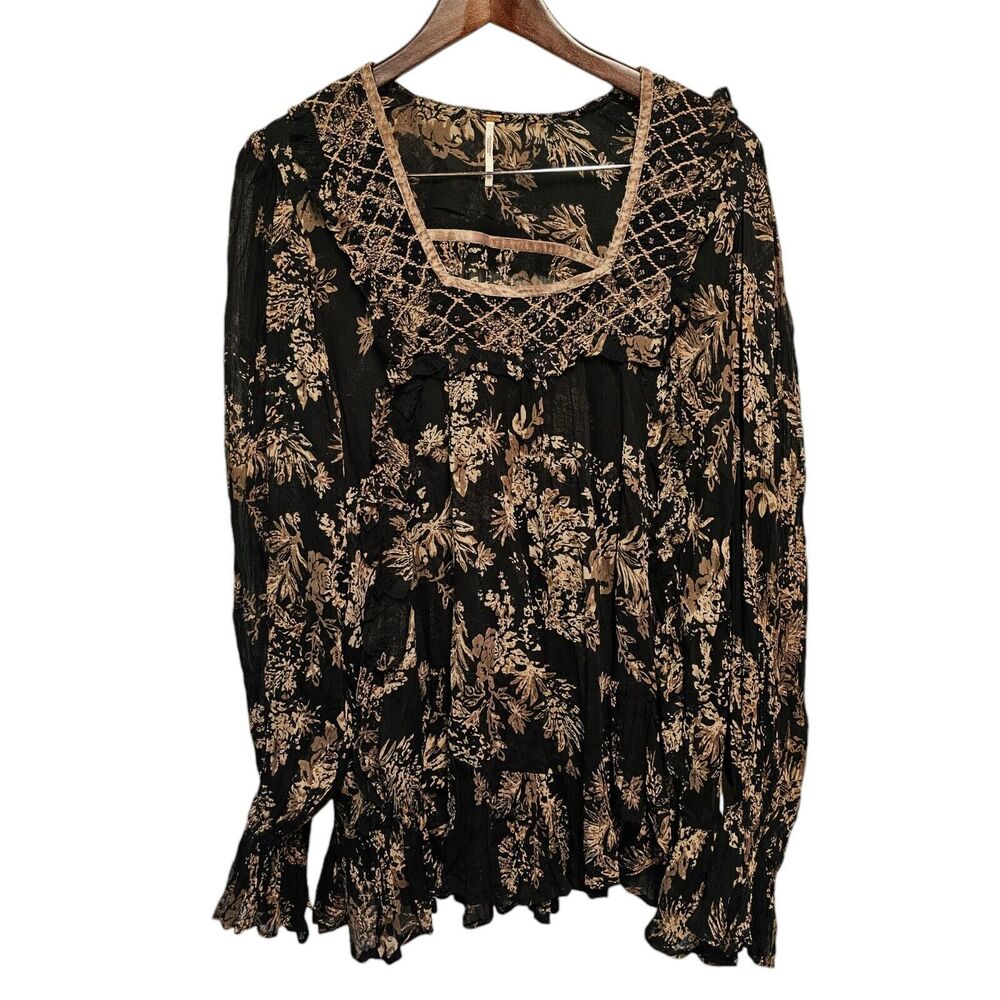 FREE PEOPLE Tunic Blouse Sheer Black Floral Velvet Beaded Accents SMALL Oversize